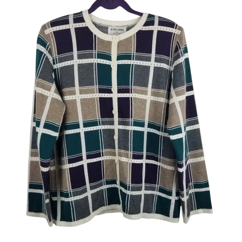Alfred Dunner Vintage Button Up Women's Multicolored Patchwork Cardigan Sz M.